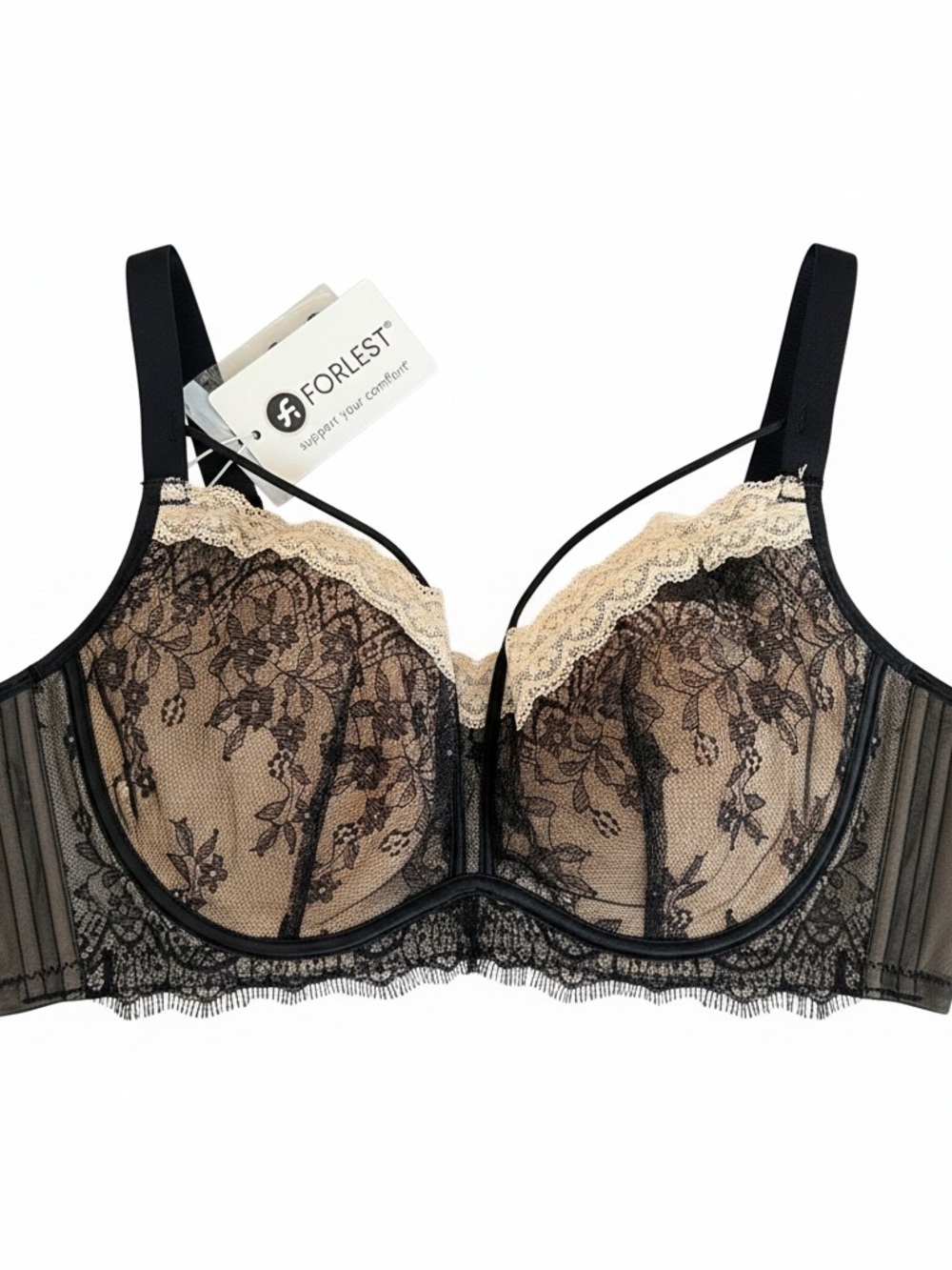 FORLEST Black Lace Underwire Bra 38DD 38DDD Nude Lining Adjustable Straps NWT